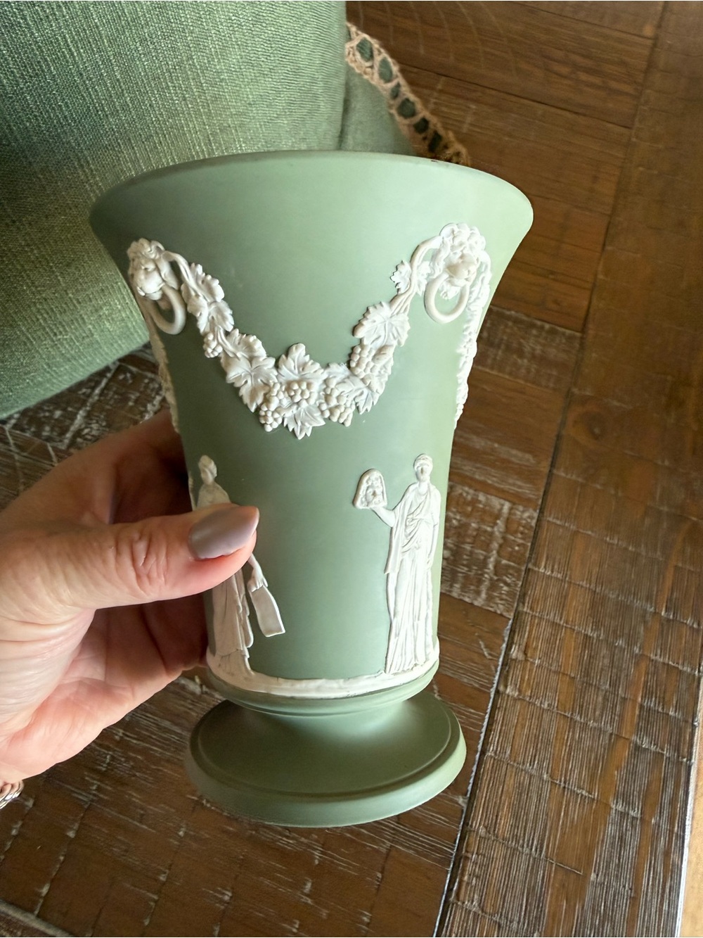 Vintage Wedgwood Sage Green Jasperware Lion Head and Garland Flared Vase. - Picture 2 of 3